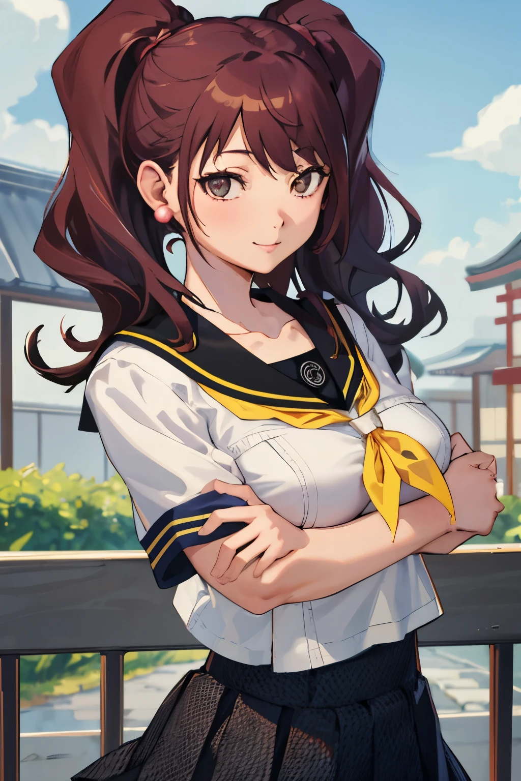 masterpiece, best quality, highres, rural japan, japanese architecture in the background, smile, 1girl, solo, looking at viewer, breast rest, kujikawarise, long hair, medium breasts, twintails, bangs, skirt, collarbone, school uniform, white shirt, shirt, short sleeves, pleated skirt, serafuku, black skirt, sailor collar, neckerchief, black sailor collar, yellow neckerchief, yasogami school uniform, earrings.