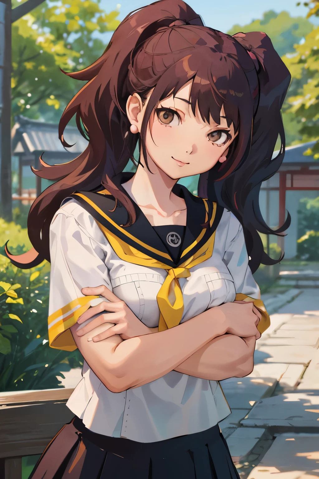 masterpiece, best quality, highres, rural japan, japanese architecture in the background, smile, 1girl, solo, looking at viewer, breast rest, kujikawarise, long hair, medium breasts, twintails, bangs, skirt, collarbone, school uniform, white shirt, shirt, short sleeves, pleated skirt, serafuku, black skirt, sailor collar, neckerchief, black sailor collar, yellow neckerchief, yasogami school uniform, earrings.