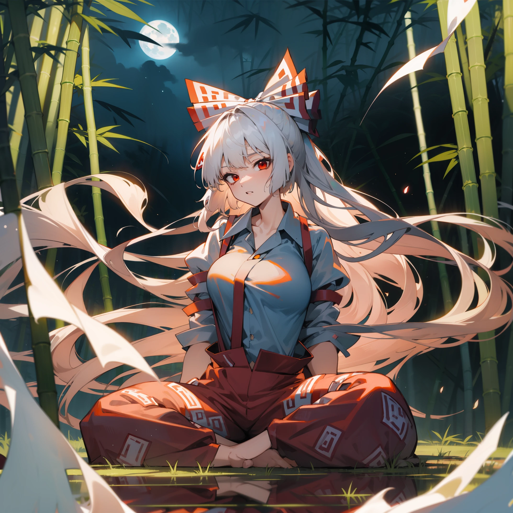 Fujiwara no Mokou(from Touhou) in bamboo forest. She has big tits. She has white hair, red eyes.  She's wearing a white shirt, sit, night, moon, hair ribbons, stay