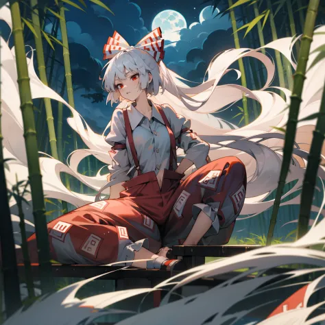 fujiwara no mokou(from touhou) in bamboo forest. she has big tits. she has white hair, red eyes.  she's wearing a white shirt, s...