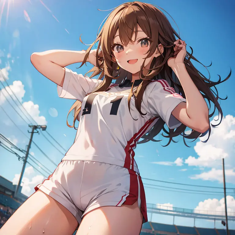 track uniform, anime girl, happy, brown hair, long hair, sweat, school, track field, tight shorts