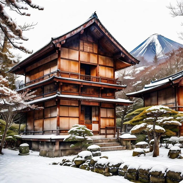 Erzeugt eine schneebedeckte Shinto-Tempelszene in den japanischen Bergen, neige, Winter, paysages Winternal, Zwei Personen gehen den Weg vor dem Gebäude entlang, japanische Tempel, japanische Tempel, Japan-Schrein, Gründung des Tempels, japanische Natur, Ästhetik des Reisens in Japan, In der Nähe eines japanischen Schreins, Üppige japanische Landschaft, Alte japanische Architektur, üppiger Wald Japans, Japanisches Erbe, Ein mystischer Tempel, Weitere Reiseerkundungen in Japan, inspiriert von Kyoto, Altes Japan people, Dans le Altes Japan, Altes Japan