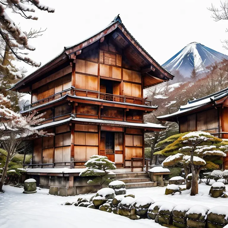 Génère une scène de temple shintoïste sous la neige dans les montagnes japonaises, neige, hiver, paysages hivernal, Deux personn...