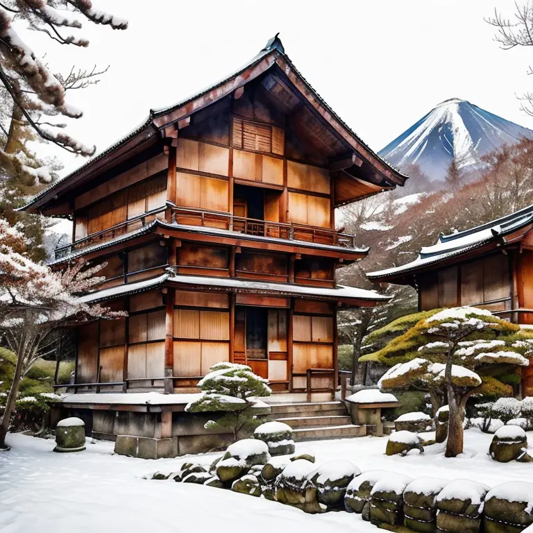 génère une scène de temple shintoïste sous la neige dans les montagnes japonaises, neige, hiver, paysages hivernal, deux personn...