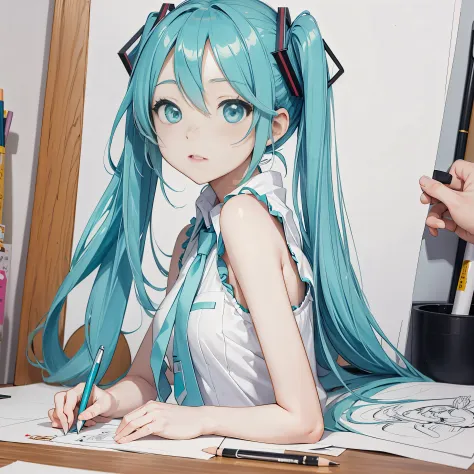 hatsune miku、one girl、sketch、pencil drawing、drawing