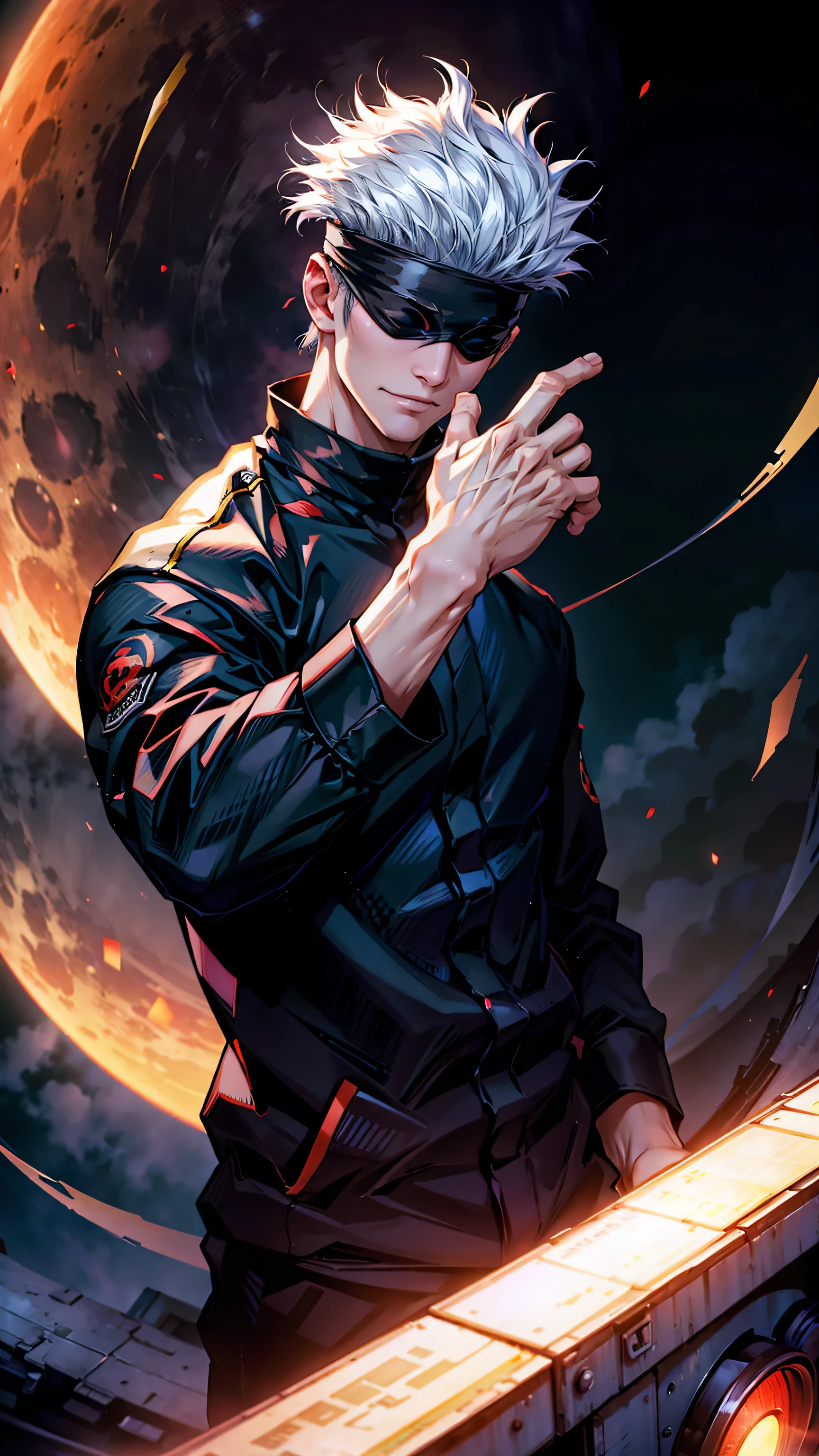 1boy, half body shot, perfect hand and fingers, satoru gojo, blindfold, black outfit, white hair, look at sky, smirk, red and blue moon city night background, wallpaper, cinematic,High resolution 8K, Bright light illumination, lens flare, sharpness, masterpiece, top-quality, The ultra -The high-definition, high resolution, extremely details CG, Anime style, Film Portrait Photography,masterpiece,hyperdetail