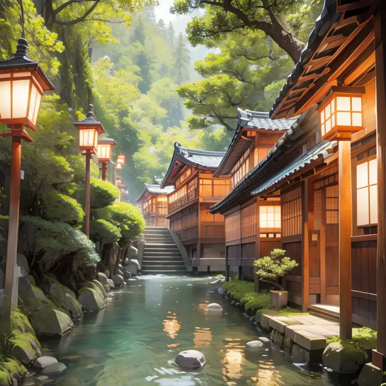 Generates a coastal landscape in Japan with paper lanterns illuminating the beach at night, temples japonais, temples japonais, ...