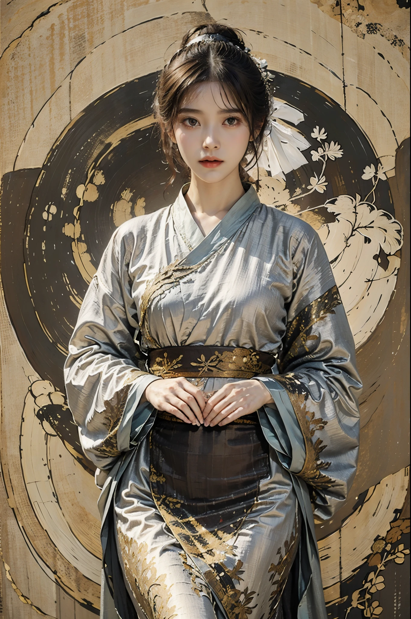 (linen texture:1.1),1 girl,hanfu,Clothes are rough,Silver foil texture applied to clothes,The rough texture of silver foil acts on clothes,the effect of linen texture on clothing,Mucha art style,, best quality,masterpiece,(Photorealistic),