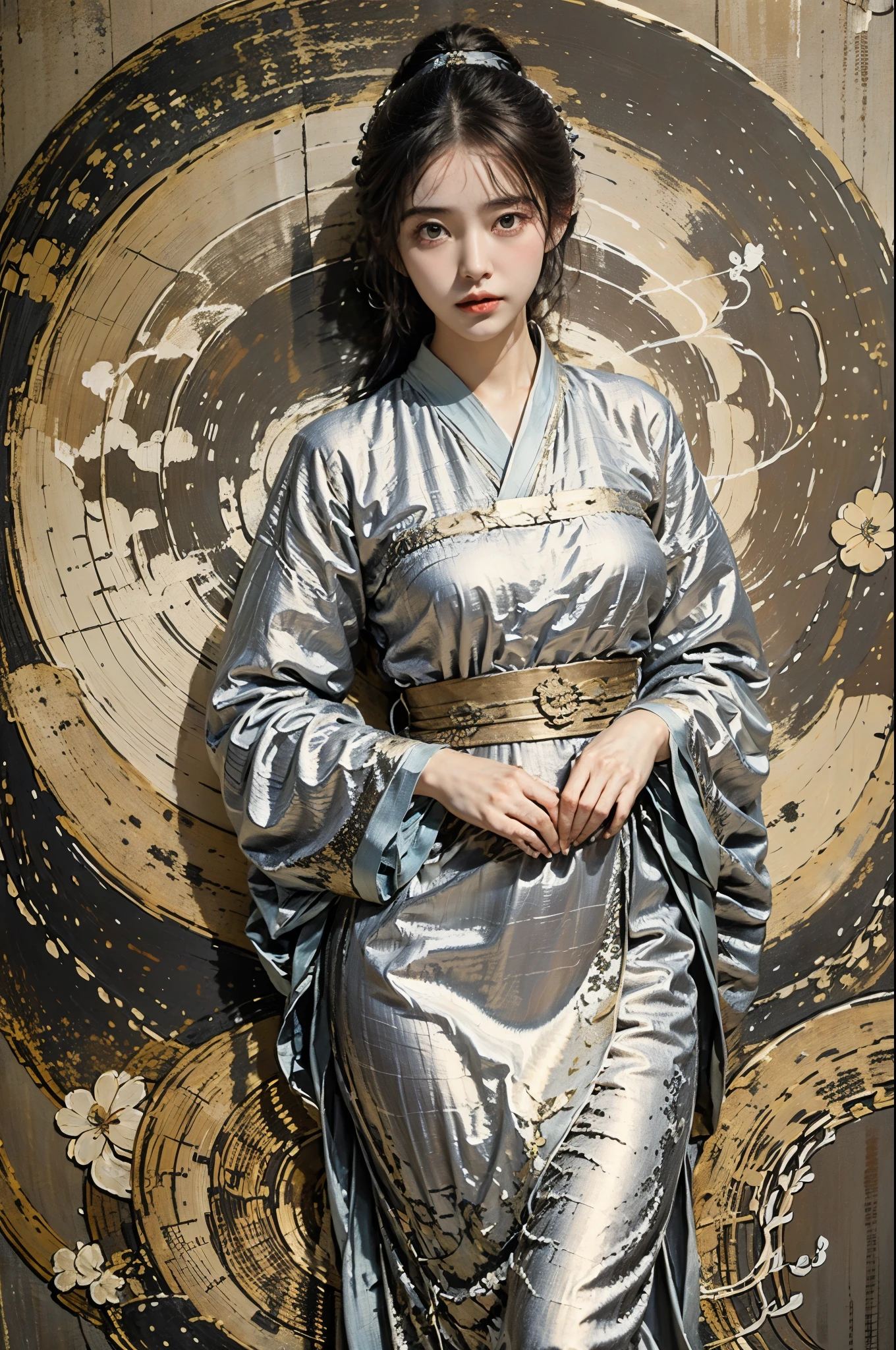 (亚麻纹理:1.1),1 名女孩,hanfu,衣服粗糙,银箔纹理应用于衣服,银箔的粗糙质感作用于衣服,the effect of 亚麻纹理 on clothing,穆夏艺术风格,, 最好的质量,杰作,(真实感),