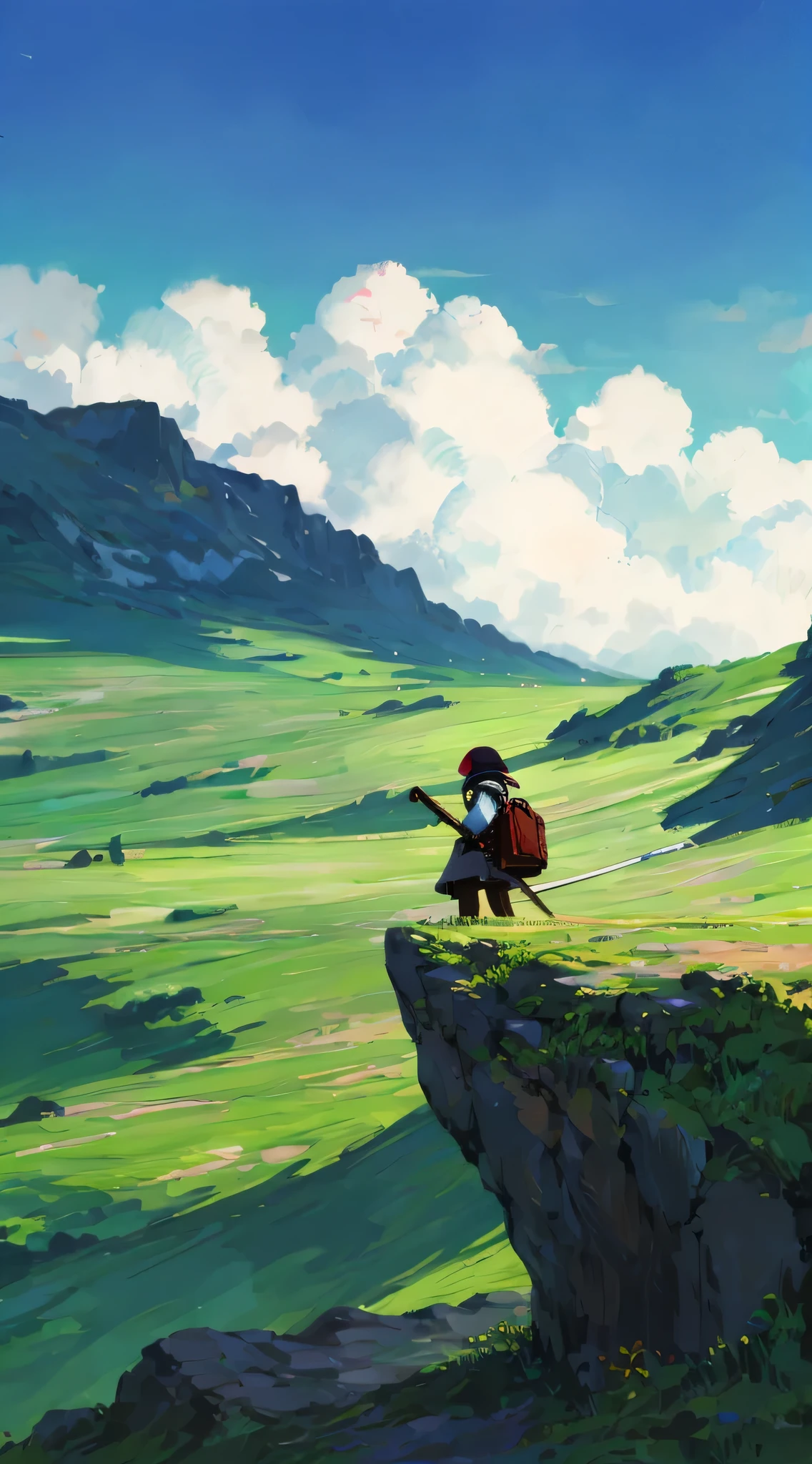 Cartoon style picture of woman holding sword on cliff, game art, detailed game art, RPG landscape, official art, Epic RPG Portrait, fantasy game art style, 科里奥利角色扮演game art风格, mobile game art, game art, concept art for a video game, Inspired by Sylvain Salai, a wanderer in the Mountains，Mountain