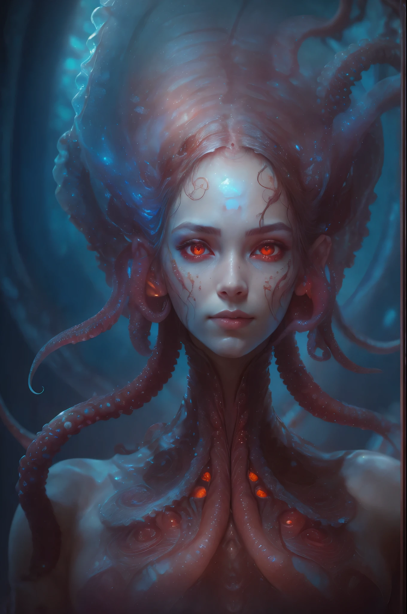 Portrait, (beautiful female alien:1.2),  (she has red eyes with no pupils:1.8), (Translucent skin:1.7),  (There is a female genital-like organ in the middle of the forehead:1.9), (The most beautiful face in the history of the universe:1.2),an evil gaze that seduces, (large mouth:1.1), (sharp teeth like a vampire:1.2), Full body portrait, (bio luminescent:1.5), (Smile wickedly:1.3),  (sexypose:1.5), alien, No humans, cells are fused, (Lots of translucent tentacles:1.3) extraterrestrial, cell, bio image, best quality, 8K,In 4K_quality, High freshness, Dramatic Lighting, masutepiece:1.5,cinematic quality, detail up, (exquisite details:1.2), high resolution, High freshness, drawing faithfully, (Thick eyebrows:1.2), Beautiful eyes with fine symmetry,(Highly detailed face and eyes:1.2), Intimate face, (Super detailed skin quality feeling:1.4), perfect anatomy,  (Beautiful toned body:1.5),  (Moist skin:1.2), not wearing makeup, (dark circles:1.1), long canines, cinematic drawing of characters, ultra high quality model, cinematic quality, detail up, (exquisite details:1.2), high resolution, High freshness, drawing faithfully, official art, Unity 8K Wall  , 8K Portrait, best quality, Very high resolution, ultra detailed artistic photography, midnight aura,  unreal engine 5, Ultra Sharp Focus, art by alberto seveso, ArtGerm, Roisch, intricate artwork, best quality, masterpiece, ultra high resolution, (photos realistic:1.4), ultra realistic realism, dream-like, nautilus, Creation of fantasy, Snail, Dream Snail, (biopunk nautilus:1.3),Thrilling color schemes, ultra realistic realism, seductively smiling, Blue tentacles,