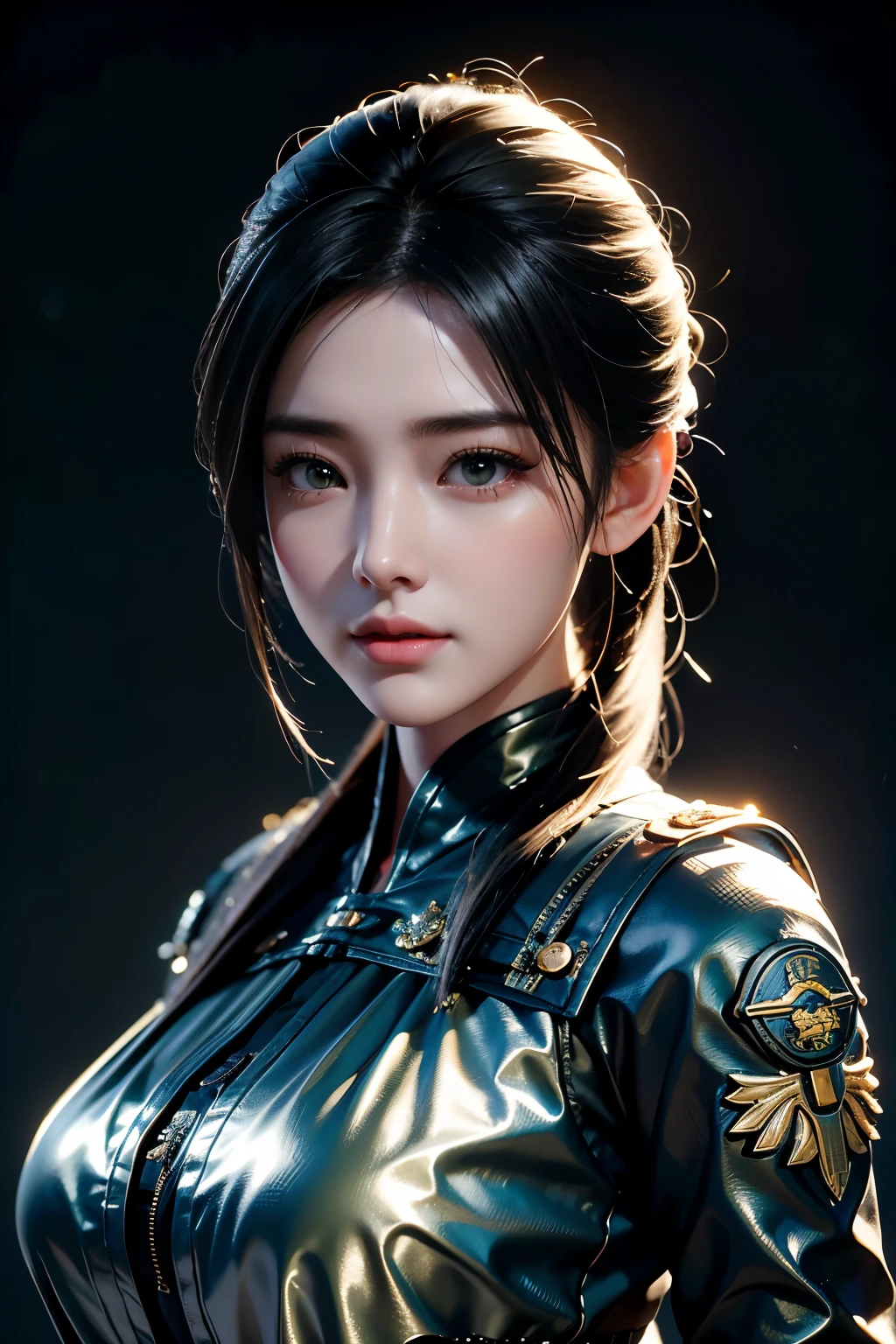 Game art，The best picture quality，Highest resolution，8K，((A bust photograph))，((Portrait))，(Rule of thirds)，Unreal Engine 5 rendering works， (The Girl of the Future)，(Female Warrior)，22岁少女，(Hair random)，(Future-style military wear，A beautiful eye full of detail)，(Big breasts)，(Eye shadow)，优雅迷人，微笑，(皱眉)，(Future-style army dress，A dress characteristic of a police uniform，A dress with delicate patterns，A glowing badge)，赛博朋克人物，未来风格， 拍照姿势，街道背景，Movie lights，Ray tracing，Game CG，((3D Unreal Engine))，oc渲染反射纹