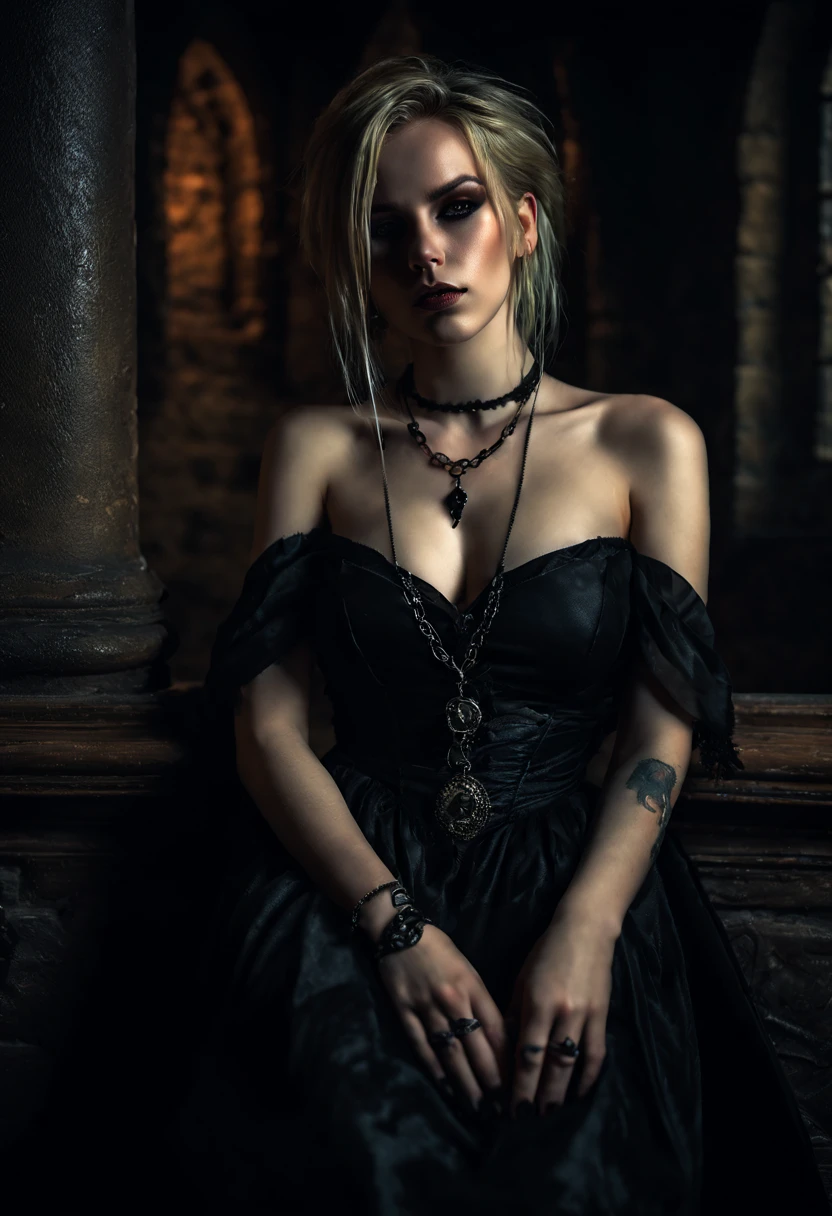 realistic, photography, full body shot, the relaxed lying pose, seductive, blonde edgy hair, double eyelids, nipple ring, bracelet, small necklace, dark eyeliner, thick eyebrow, medium breasts, seductive view, dark eyeshadow, sexy woman in black scantly clad gothic dress, in a dimly lit castle room, the witch, low-key lighting, 8K, masterpiece,