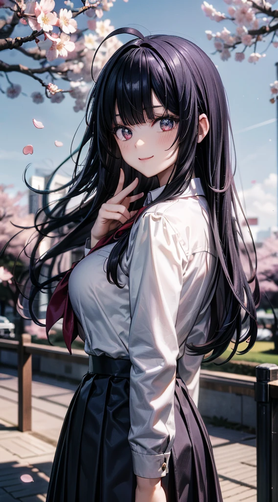 1girl,solo,big breasts,tsurime,dark blue long hair,blunt bangs,ahoge,detailed illustration of cherry blossom,cherry blossom petals are falling,slender body,tall height,pale skin,shiny skin,looking back,glad,nervous smile,school uniform,collared shirt, blazer, pleated skirt, school uniform, bow,