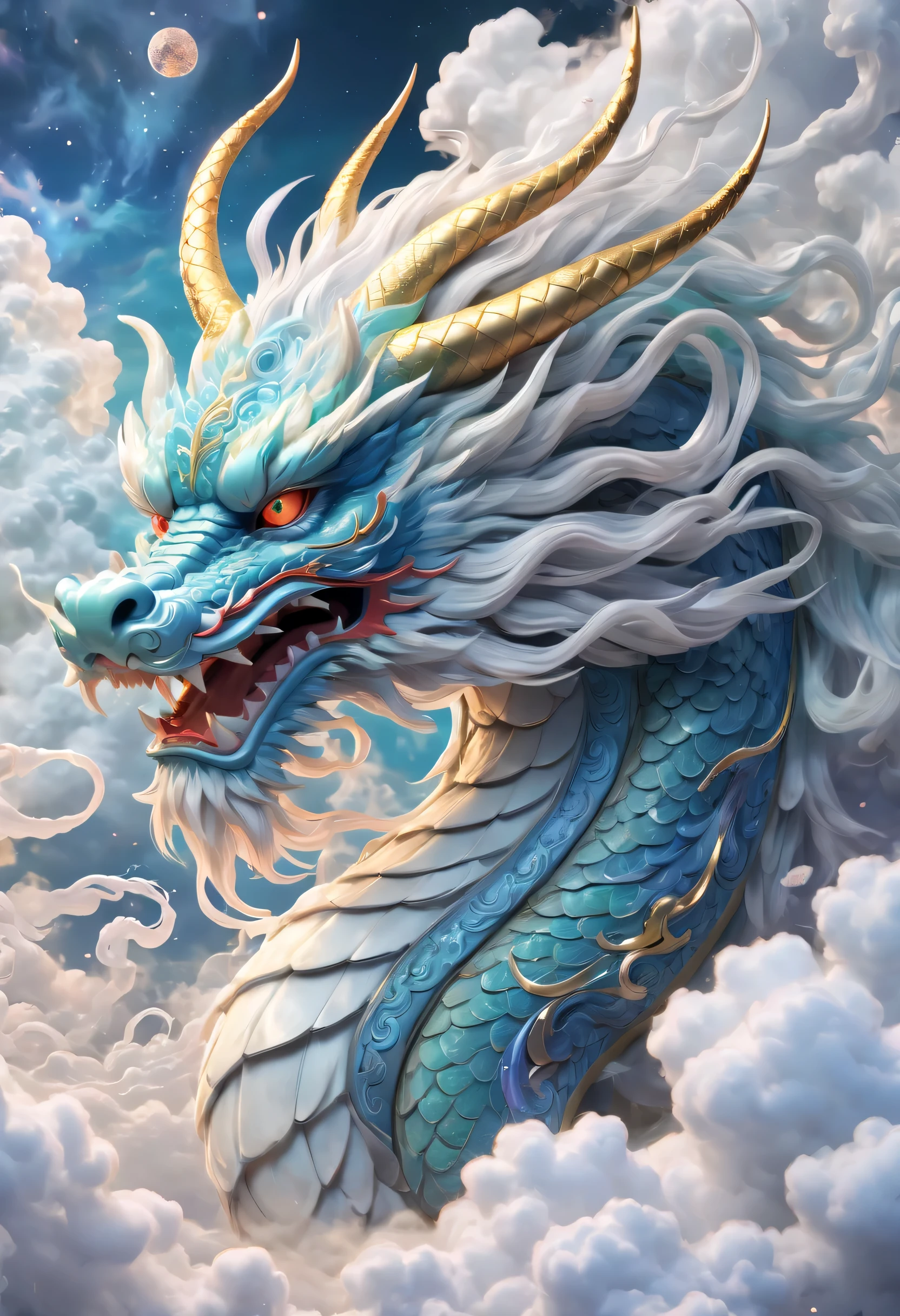 Chinese dragon in the clouds, translucent texture, furry art, The dragon&#39;s head faces forward, cosmic art, swirl, anime aesthetics, Elaborately crafted, superbly fine details