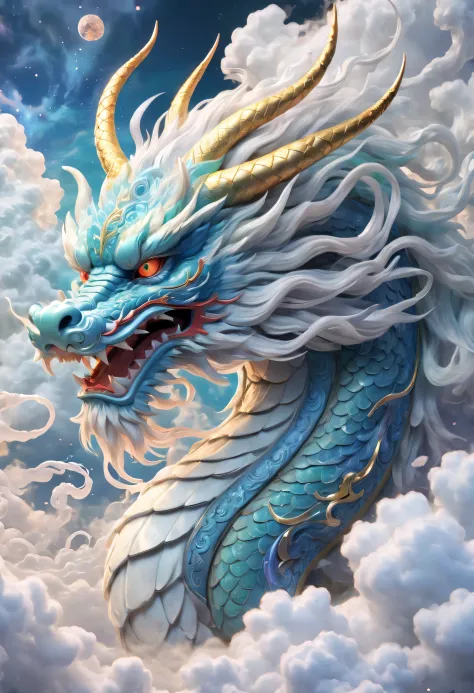 Chinese dragon in the clouds, translucent texture, furry art, The dragon&#39;s head faces forward, cosmic art, swirl, anime aest...