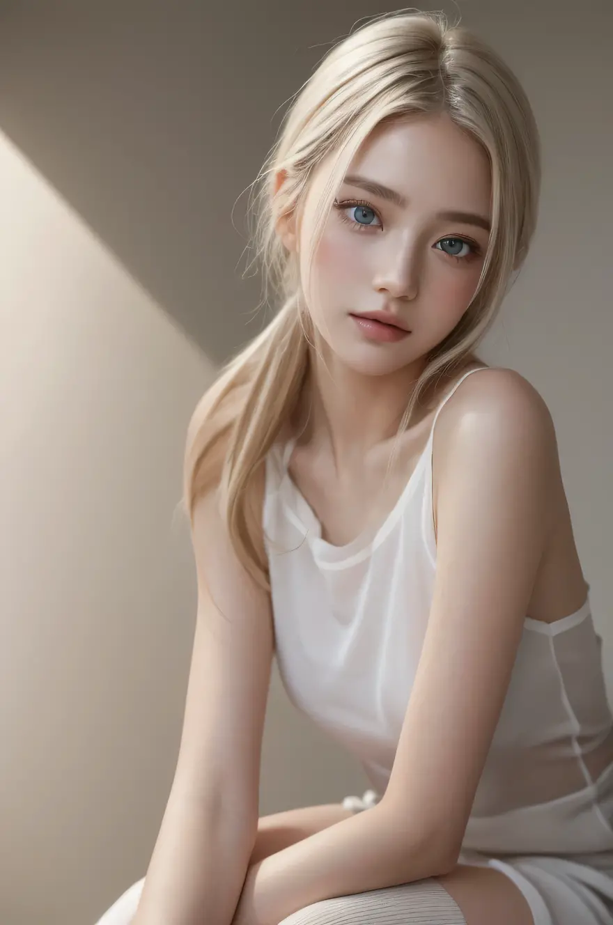 １４Caucasian model at the age, full body photo,（(Clean clothes)), white clothes, Natural light, Pretty Caucasian Woman, gray hair...