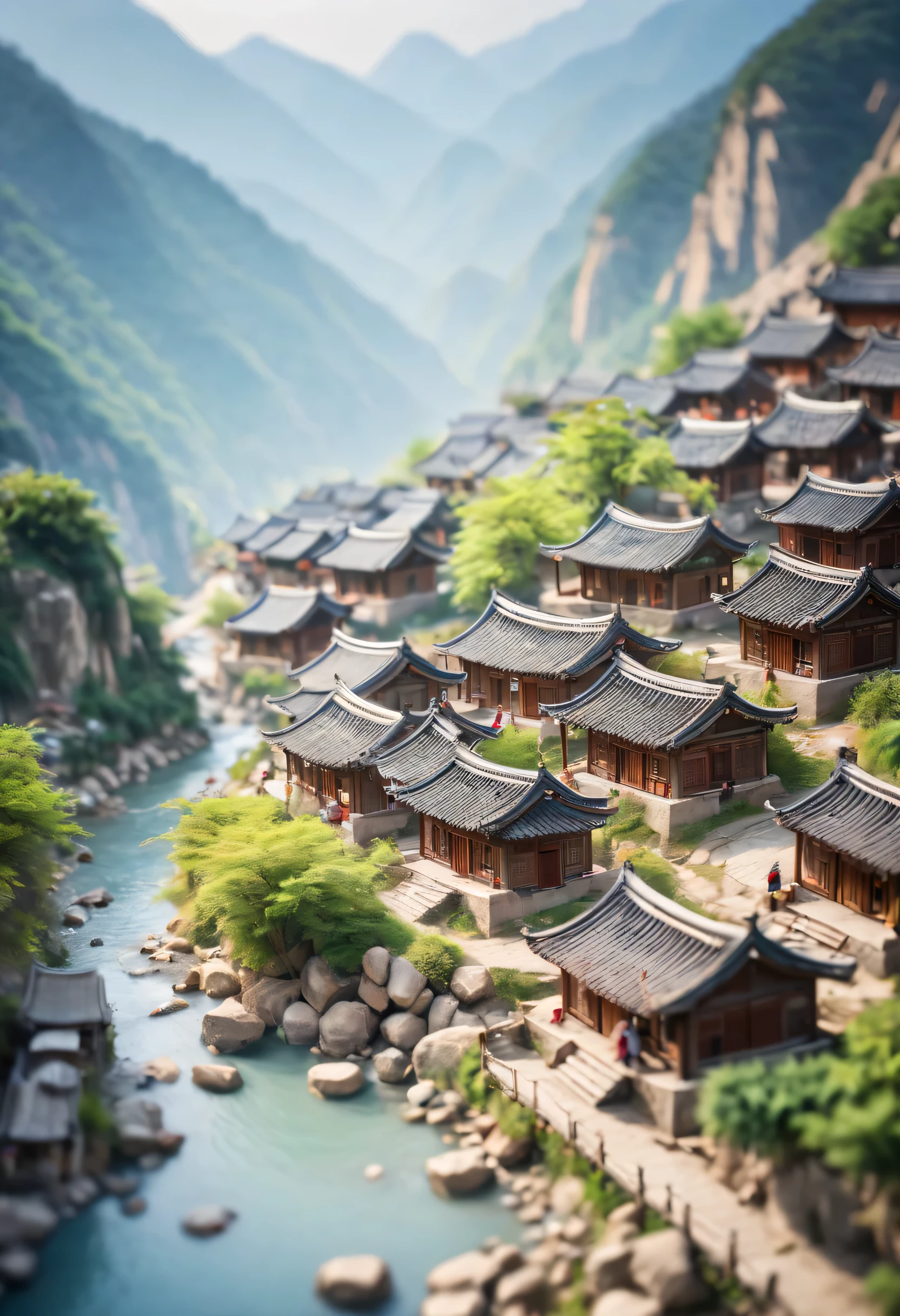 High-angle photography, tilt-shift photography, shallow view deep, Blurred foreground, Mountain, river, hut, Light, Light color, chenjialing, romantic ancient style, Wang Ximeng