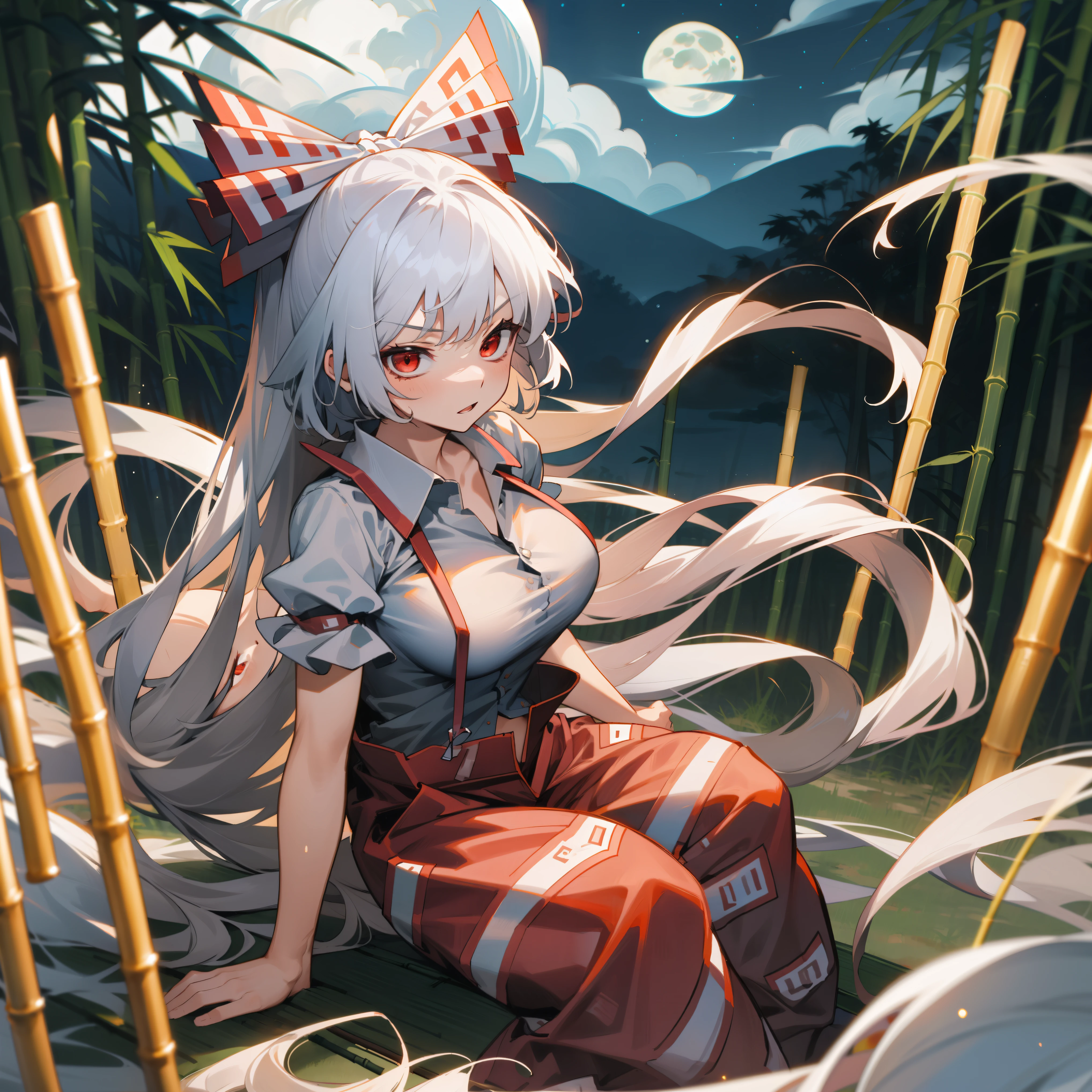 Fujiwara no Mokou(from Touhou) in bamboo forest. She has big tits. She has white hair, red eyes.  She's wearing a white shirt, sit, night, moon, hair ribbons, stay