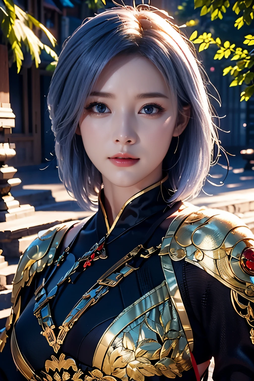 Game art，The best picture quality，Highest resolution，8k，((A bust photograph))，((Portrait))，(Rule of thirds)，Unreal Engine 5 rendering works， (The Girl of the Future)，(Female Warrior)，22-year-old girl，(Purple hair，Short hair casual)，(Future-style military wear，A beautiful eye full of detail)，(Big breasts)，(Eye shadow)，Elegant and charming，Smile，(frown)，(Clothes full of futuristic sci-fi style，Sweater，A delicate pattern，Glittering jewels，Armor，White and red)，Cyberpunk Characters，Future Style， Photo poses，Street background，Movie lights，Ray tracing，Game CG，((3D Unreal Engine))，oc rendering reflection pattern