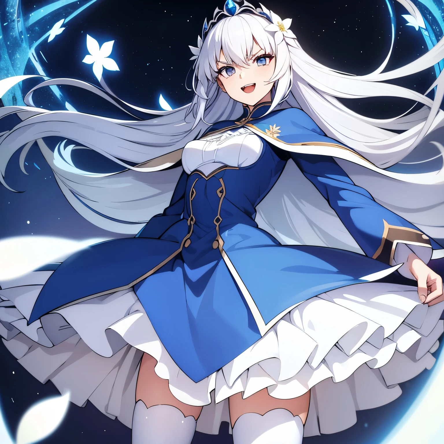 white hair, long hair, forked eyebrows, thighhighs, bangs, dress, long sleeves, small breasts,white flower, blue dress, sidelocks, cape, brown eyesfairy knight lancelot (fate), 1girl, white hair, long hair, forked eyebrows, looking at viewer, open mouth, bangs, dress, solo, long sleeves, small breasts, flower, breasts, blue dress, sidelocks, smile, cape, brown eyes