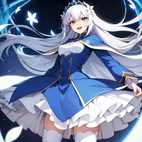 white hair, long hair, forked eyebrows, thighhighs, bangs, dress, long sleeves, small breasts,white flower, blue dress, sidelock...