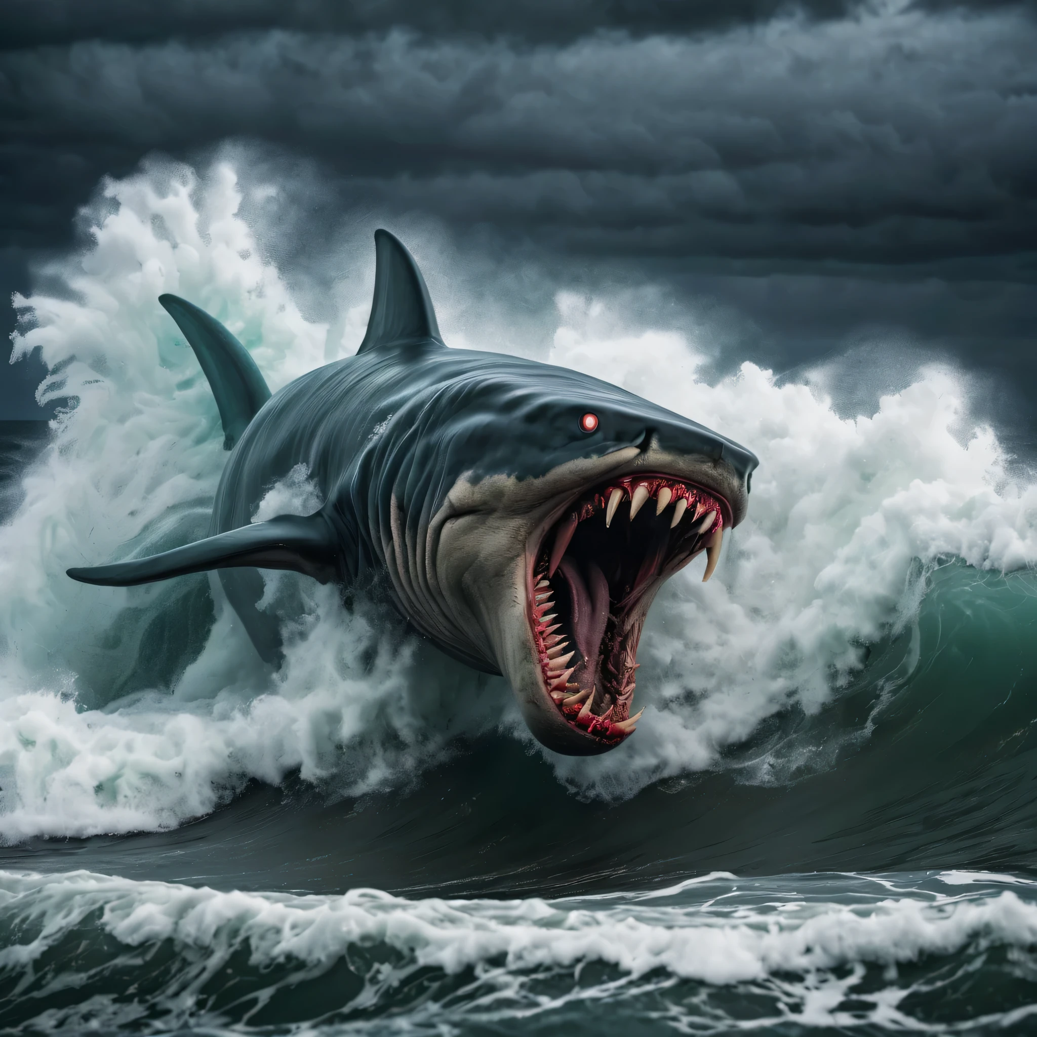 Arafed shark with open mouth riding a wave in the ocean - SeaArt AI