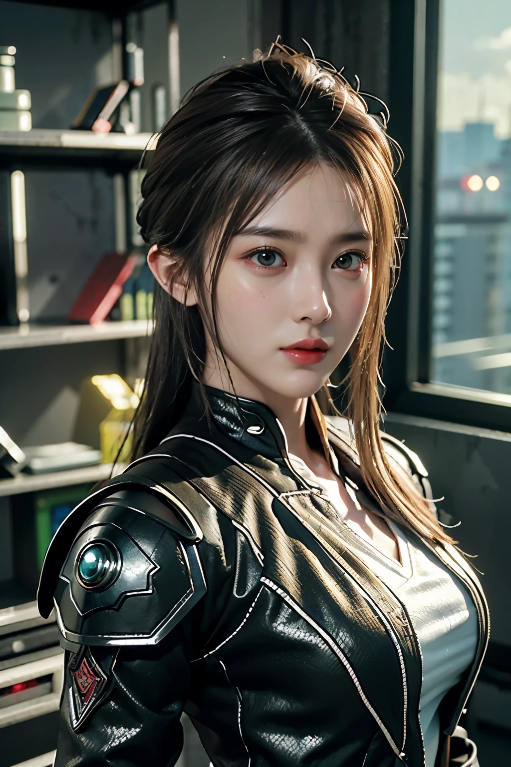 Game art，The best picture quality，Highest resolution，8K，((A bust photograph))，((Portrait))，(Rule of thirds)，Unreal Engine 5 rendering works， (The Girl of the Future)，(Female Warrior)，22岁少女，(Long hair casual)，(Future-style military wear，A beautiful eye full of detail)，(Big breasts)，(Eye shadow)，优雅迷人，微笑，(皱眉)，(Clothes full of futuristic sci-fi style，Sweater，A delicate pattern，Glittering jewels，Armor，White and red)，赛博朋克人物，未来风格， 拍照姿势，街道背景，Movie lights，Ray tracing，Game CG，((3D Unreal Engine))，oc渲染反射纹