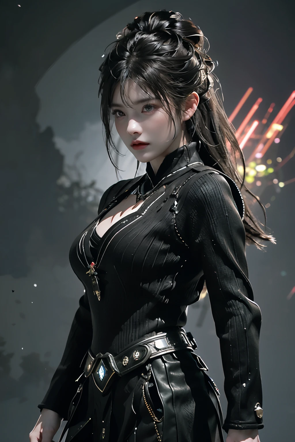 Game art，The best picture quality，Highest resolution，8K，((A bust photograph))，((Portrait))，(Rule of thirds)，Unreal Engine 5 rendering works， (The Girl of the Future)，(Female Warrior)，22岁少女，(Long hair casual)，(Future-style military wear，A beautiful eye full of detail)，(Big breasts)，(Eye shadow)，优雅迷人，微笑，(皱眉)，(Clothes full of futuristic sci-fi style，Sweater，A delicate pattern，Glittering jewels，Armor，White and red)，赛博朋克人物，未来风格， 拍照姿势，街道背景，Movie lights，Ray tracing，Game CG，((3D Unreal Engine))，oc渲染反射纹