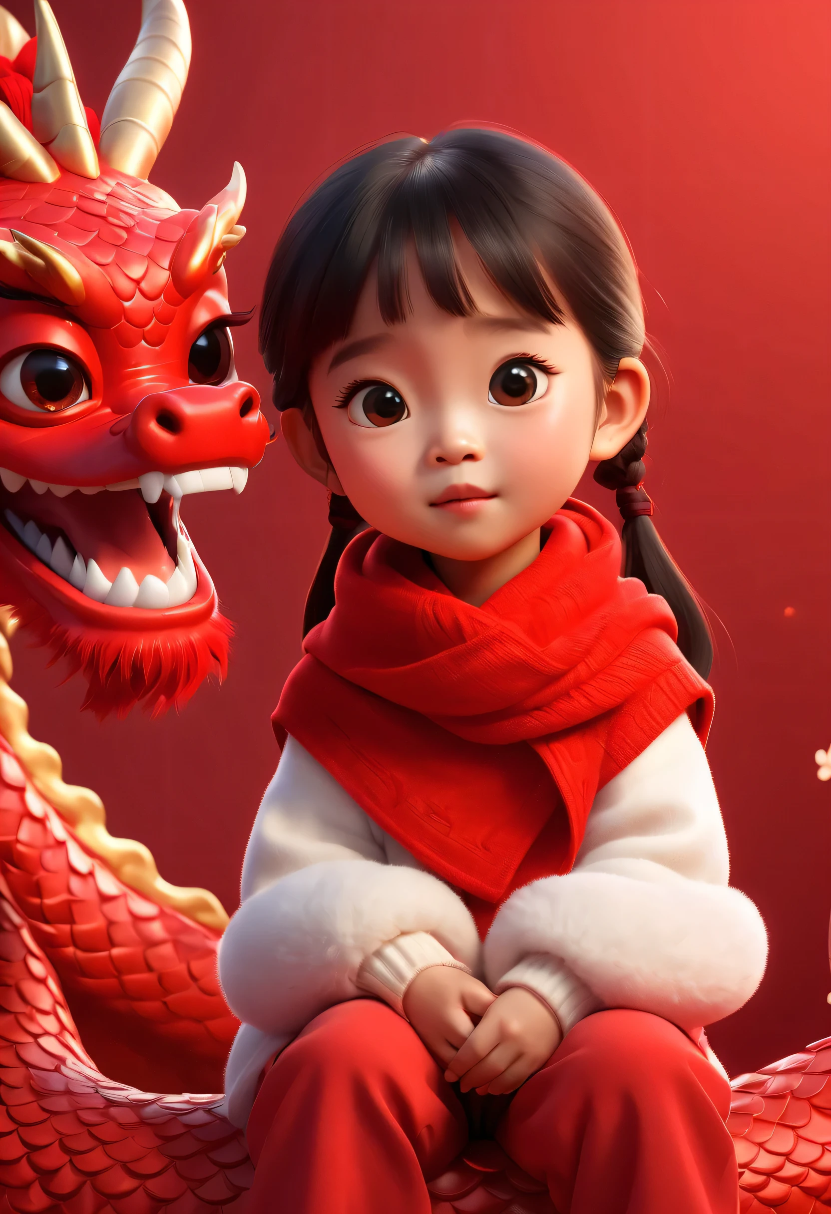 
estilo pixar, Una linda niña china, Vistiendo un suéter rojo y sentado sobre una cabeza de dragón rojo.,  vistiendo una bufanda de lana roja, expresión exagerada, Fondo rojo chino puro, gran fondo rojo, muy festivo, elementos chinos, bienvenido el año nuevo, fotografía comercial, Brillo, Trueno Divino, trazado de rayos, Iluminar desde el fondo, 32k