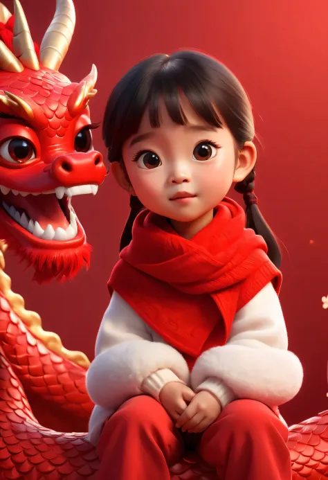 
Pixar style, A cute little Chinese girl, Wearing a red sweater and sitting on a red dragon head, little girl wearing red wool s...