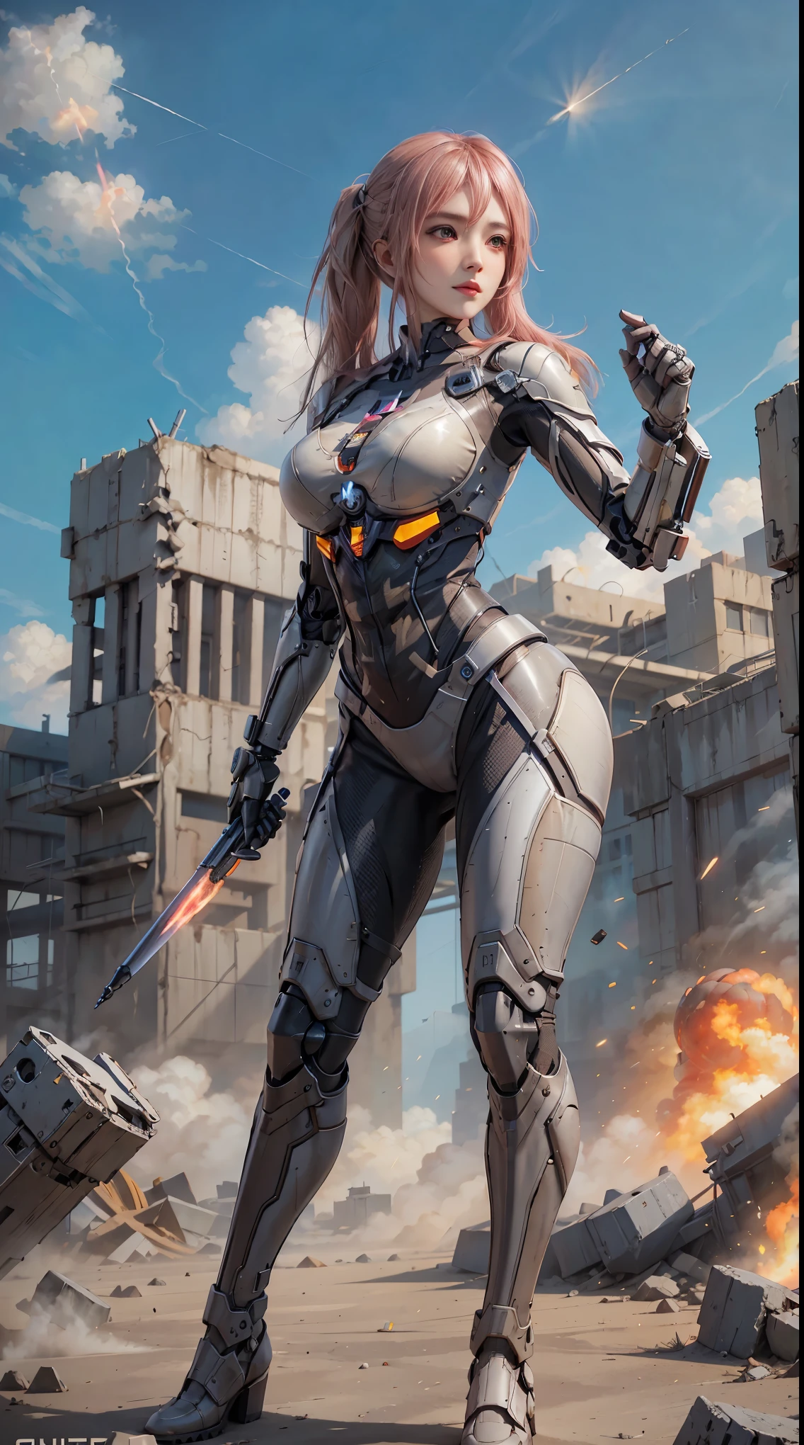 lifelike, high resolution, soft light,1 female, alone, Buttocks up, (Detailed face), long hair, pink hair, Mecha girl, Mechanical parts box，very big , joint, single mechanical arm, have, Mechanical Halo, very huge breasts，hello star, Electromechanical jumpsuit, mecha corset,, smoke， Huge chest attracts viewers，low cut，machine gun，facing the audience，very huge ，，sword，gun，knife，pistol，radio，missiles，airplane，ruins， wars，Mechanical limbs，metal arm，ruined building，fighting，fire，balls of fire，explode，fireworks，bombing，high tech，future，dust，dust飞扬