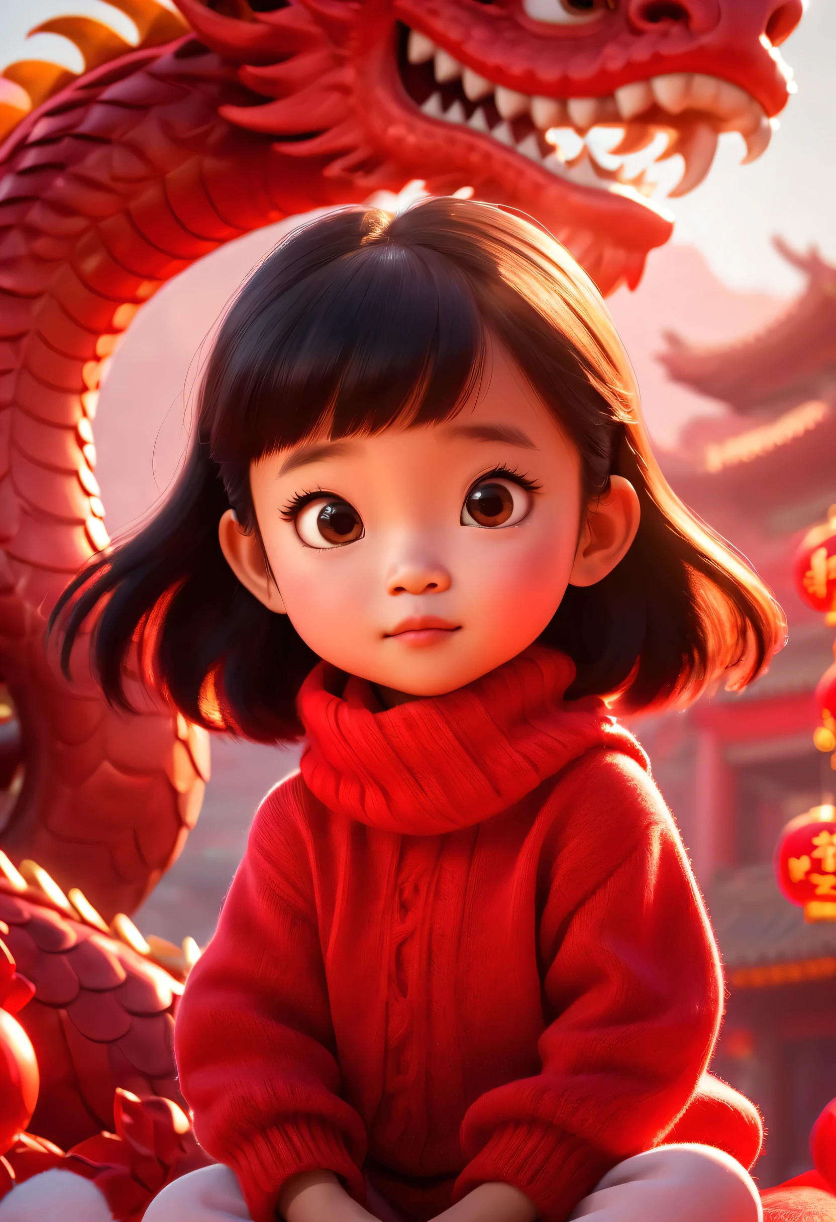 
estilo pixar, Una linda niña china, Vistiendo un suéter rojo y sentado sobre una cabeza de dragón rojo.,  vistiendo una bufanda de lana roja, expresión exagerada, Fondo rojo chino puro, gran fondo rojo, muy festivo, elementos chinos, bienvenido el año nuevo, fotografía comercial, Brillo, Trueno Divino, trazado de rayos, Iluminar desde el fondo, 32k