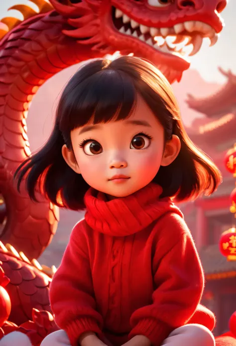 
Pixar style, A cute little Chinese girl, Wearing a red sweater and sitting on a red dragon head, little girl wearing red wool s...