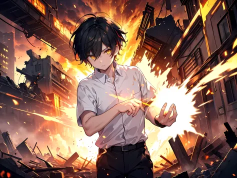 (1 boy) black short hair, yellow eyes, wearing white shirt, his hands is made out of iron and have fire on it, this character ha...