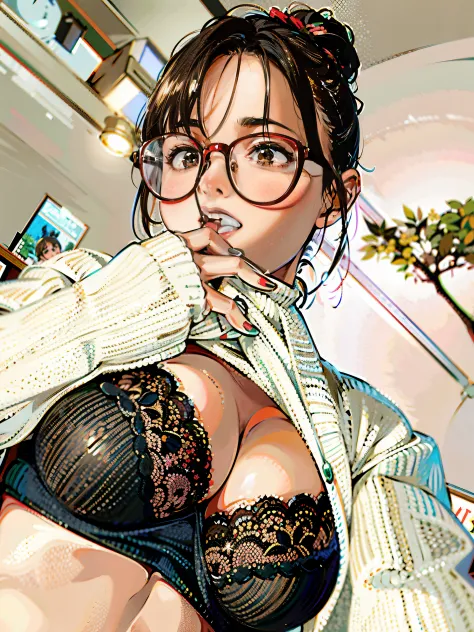 Asian woman around 50 years old wearing glasses and a white sweater, with glasses, Yoshitomo Nara, sexy :8, was wearing glasses, reluvy5213, thick glasses, with glasses on, sakimichan, wore black glasses, sexy girl, 8K)), 4K]