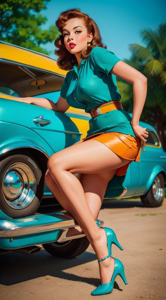20 Jahre altes Mädchen sitzt auf der Bodenplane vor einem Retro-Auto, Jahrgang, Retro-Pin-Up-Stil, sexy, Detailliert alles, Überrascht, enger Minirock, fließender Rock, bunt , Farbschema in Orange und Blaugrün, Meisterwerke Kunstwerk, illustriert,