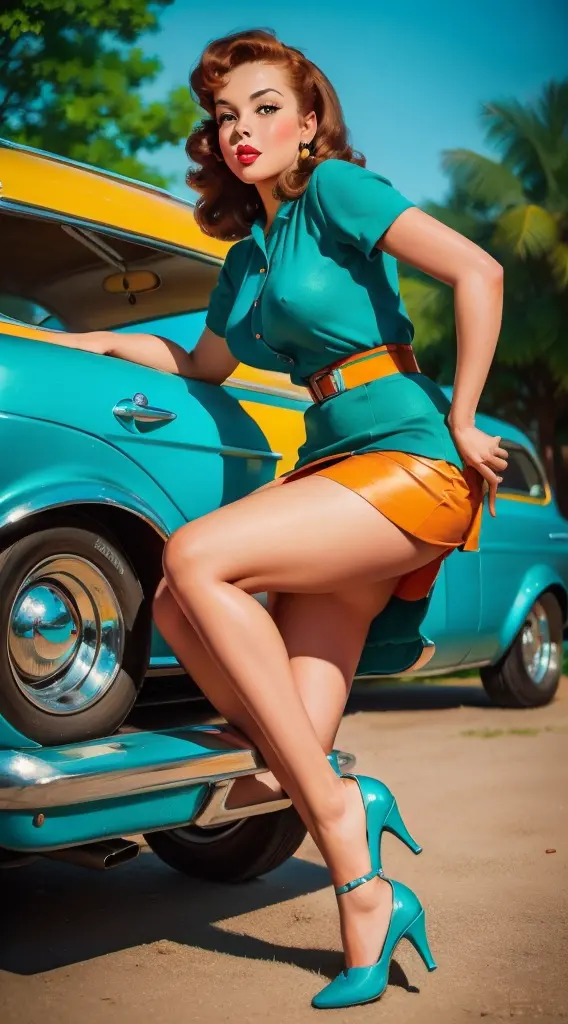 20 years old girl sitting on the ground sheet in front of a retro car, vintage, retro pin up style, sexy, detailed everything, s...