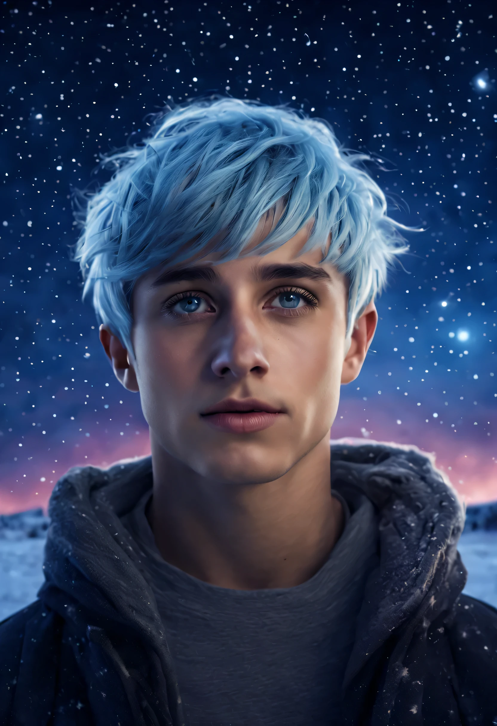 (mejor calidad,4k,alta resolución,obra maestra:1.2),ultra detallado,Realista,photoRealista:1.37,Retrato,joven guapo con cabello azul claro,contemplando el cielo nocturno estrellado durante el invierno,estrellas fugaces surcando el cielo,expresión cautivadora,Colores vibrantes,atmósfera mágica,aliento helado,entorno tranquilo,belleza celestial,vestimenta de invierno,aire fresco,numerosas estrellas titilantes,Luz de luna serena,vista clara e impresionante,Ambiente tranquilo y sereno,constelaciones de invierno,ambiente de ensueño,entorno tranquilo y calmado,las maravillas de invierno,Impresionante aurora boreal,paisaje helado