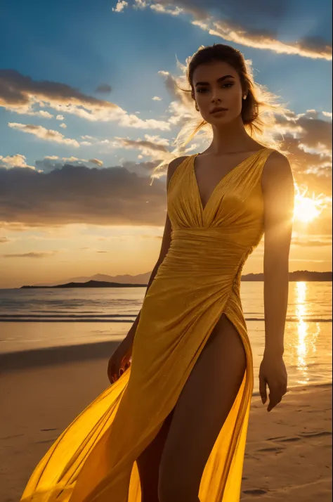Imagine an exotic-looking model, Clearly not of this world, wearing a dress that appears to be woven from solar energy itself. T...