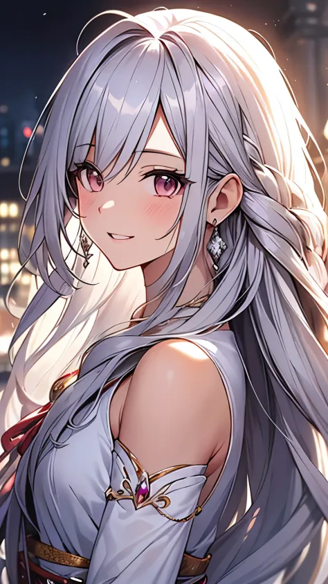 long hair, crystal earrings, blush, smile, silver hair, hair strand, ribbon, parted lips, character chart, first-person view, ta...