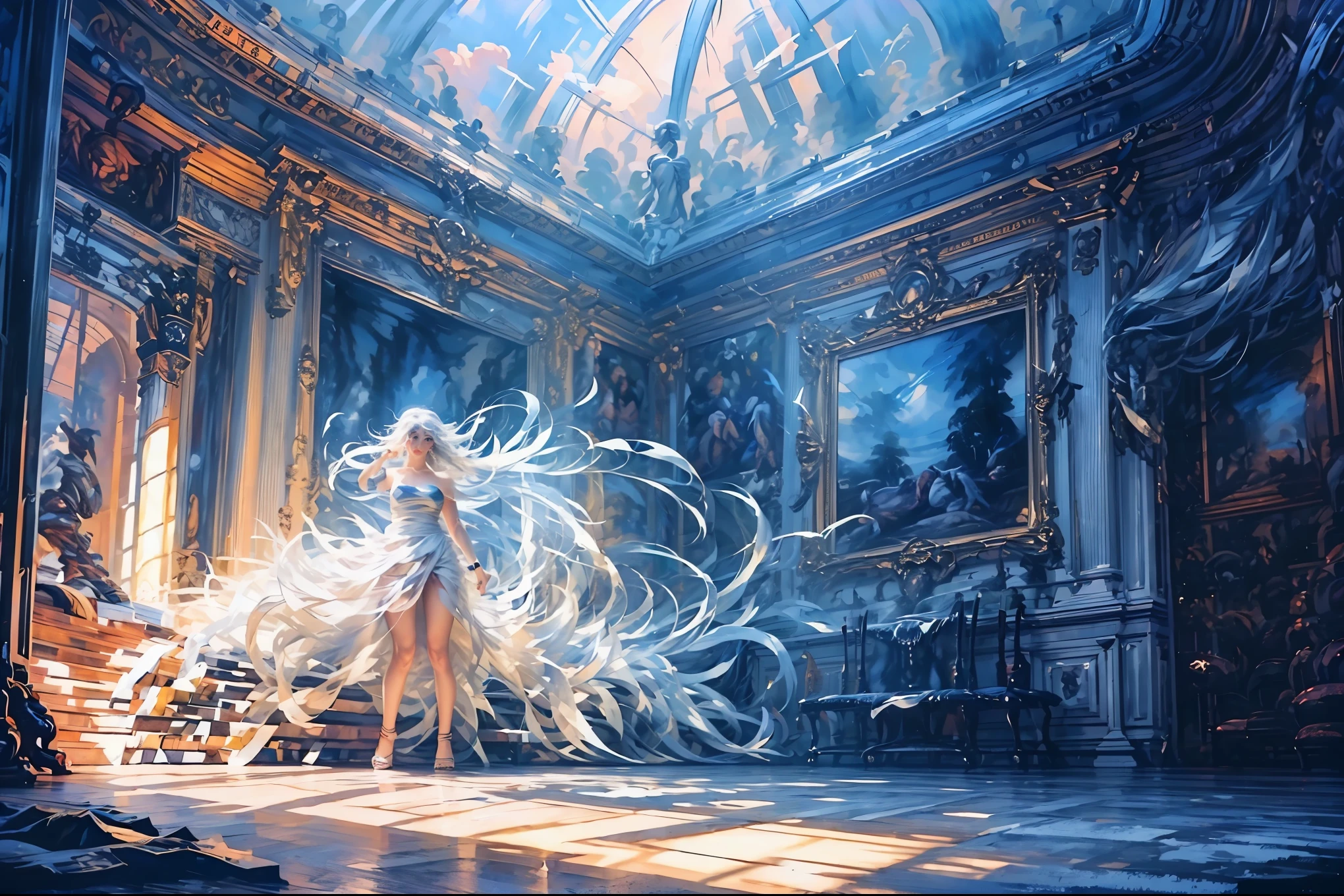 Photographic portrait, illustrated by guweiz style (1girl, 1girl inspired by akali, fluorescent violet eyes, "ice" animal ears, huge breasts, athletic, fit)(dominant look)(Icy hair, piercing sapphire eyes, slender yet strong physique, Wizard Robe: Icy blue robe adorned with intricate frost designs Majestic Slippers: Crystal-clear with shimmering ice accents Armor: Frost-imbued armor, resembling frozen fractals)(La determinacion de las nacidas del hielo)(Fondo complejo salan de negociación, ambiente viciado y profundo)(Photographic portrait: short medium shot height: chopped, luzflontal, iluminacion de estudio, guweiz style, (((masterpiece:1.2, best quality:1.2, beautiful, high quality, highres:1.1, aesthetic), highly detailed, extremely detailed, ((8k, watercolor, perfect lighting)) 