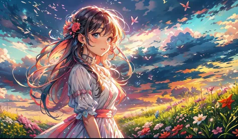 a stunning wide view image of an anime young woman looking at the vast plain, countless of grass and colorful flowers, dreamlike...