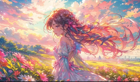 A stunning wide view image of an anime Young woman looking at the vast plain, countless of grass and colorful flowers, dreamlike...