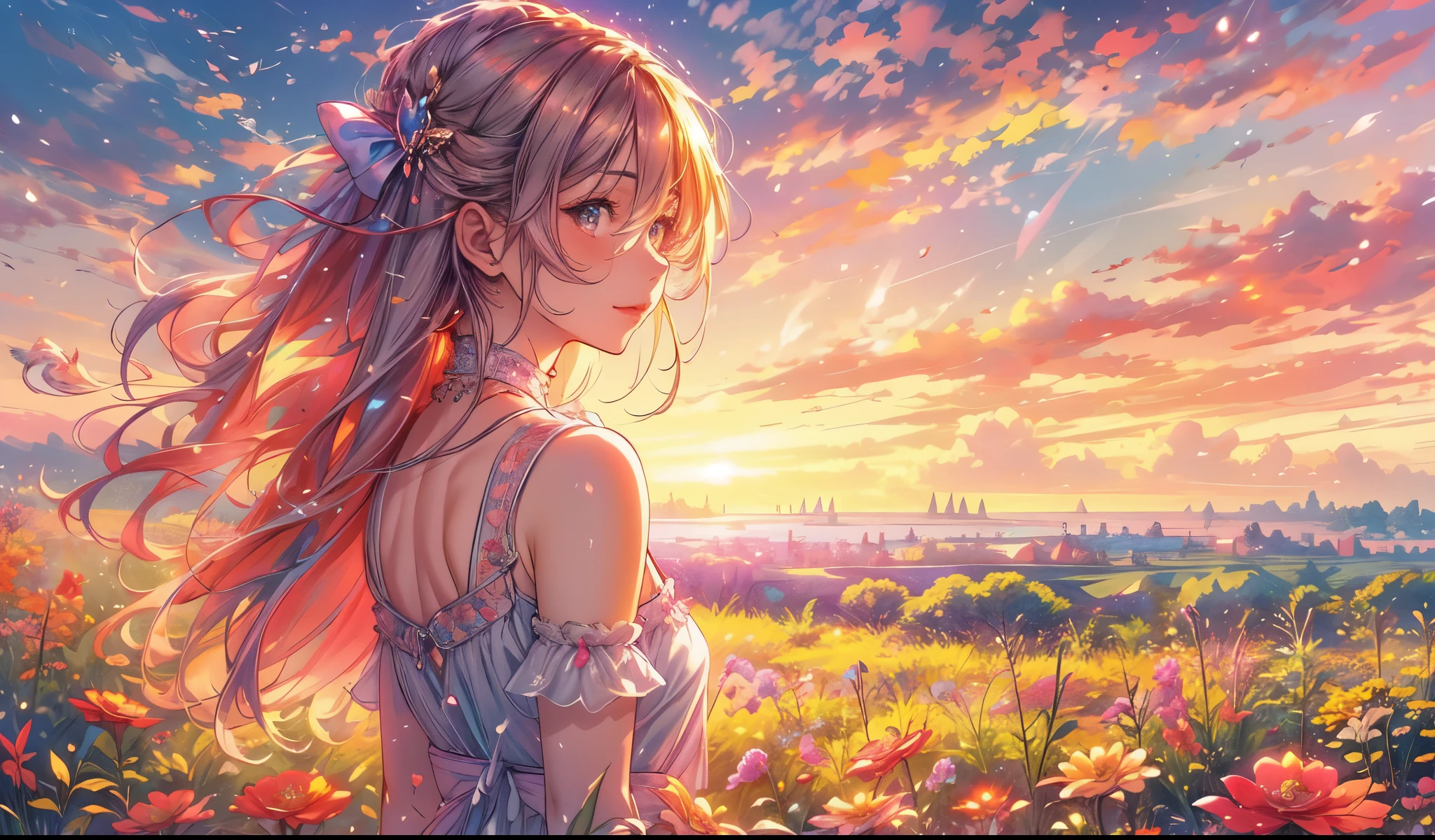 Une superbe image à large vue d&#39;une jeune femme animée regardant la vaste plaine, d&#39;innombrables herbes et fleurs colorées, Ciel onirique, Nuages duveteux, couleurs vibrantes du coucher de soleil, une douce brise souffle dans ses cheveux, Un sourire radieux sur son visage, robe fluide élégante, entouré d&#39;une atmosphère paisible et enchanteresse, Une douce lumière naturelle illuminant la scène, créer une ambiance magique et surréaliste. (Meilleure qualité, ultra-détaillé, Photoréaliste:1.37), Style animé, Palette de couleurs pastel, éclairage éthéré