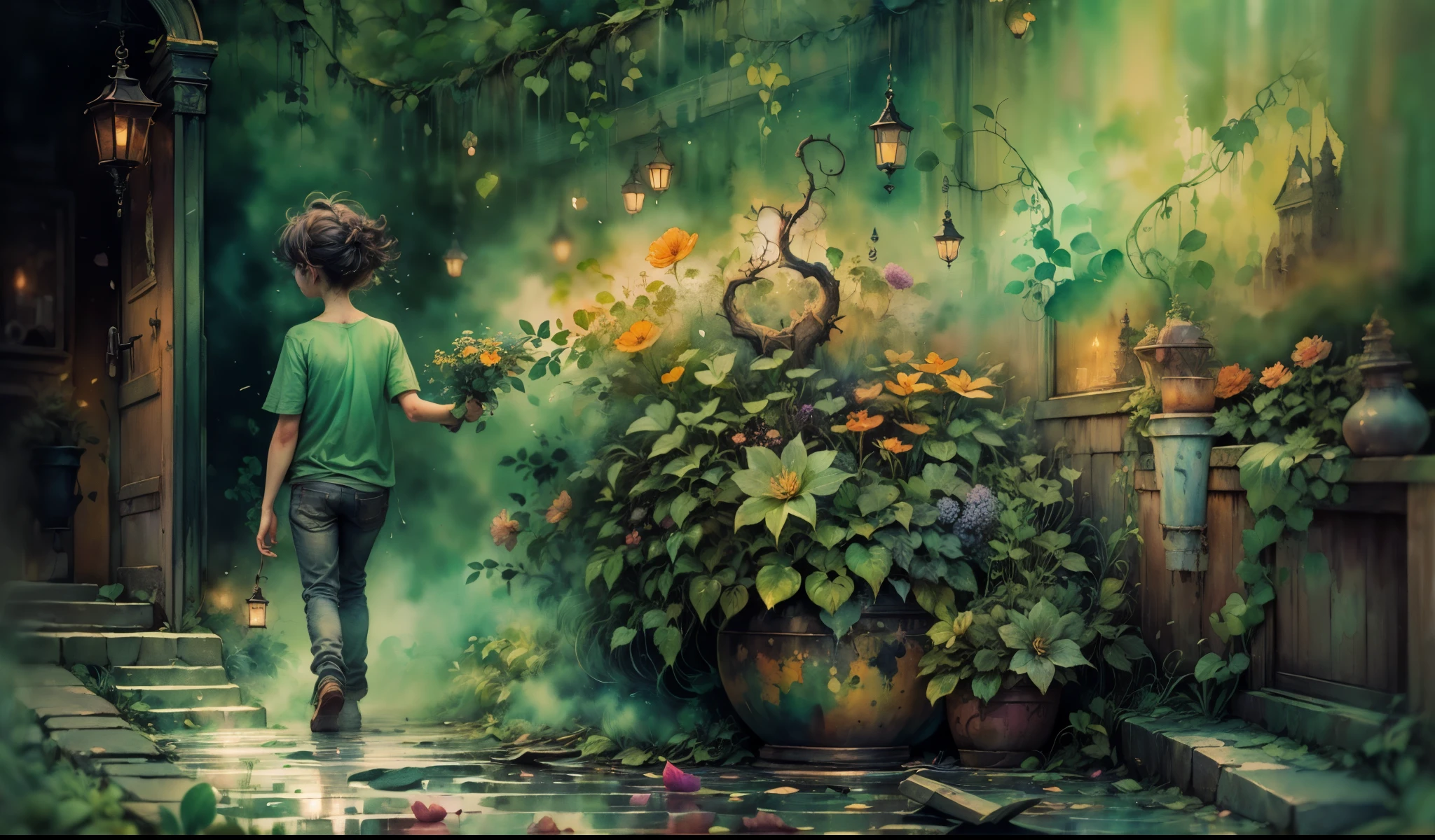 ((watercolor art)),(a tiny) human, (holding firmly) a bunch of flowers, watercolor, dark gritty, street, fantasy, (best quality, 4k, highres, masterpiece:1.2), ultra-detailed, (realistic:1.37), vivid colors, (moody lighting), (magical atmosphere), (cobblestone road), (mysterious shadows), (fantastical architecture), (enchanted surroundings), (whimsical elements), (misty aura), (intricate details), (emotionally expressive face), (unique character design), (lush foliage), (overgrown vines), (ethereal glow), (fallen petals), (contrast between light and dark), (captivating atmosphere), (heartwarming scene), (playful energy), (curiosity and wonder), (texture of the flowers), (impressionistic brushstrokes), (dreamlike charm), (sense of mystery), (gritty urban setting), (imaginative world), (dramatic composition), (expressive lines), (exquisite colors)