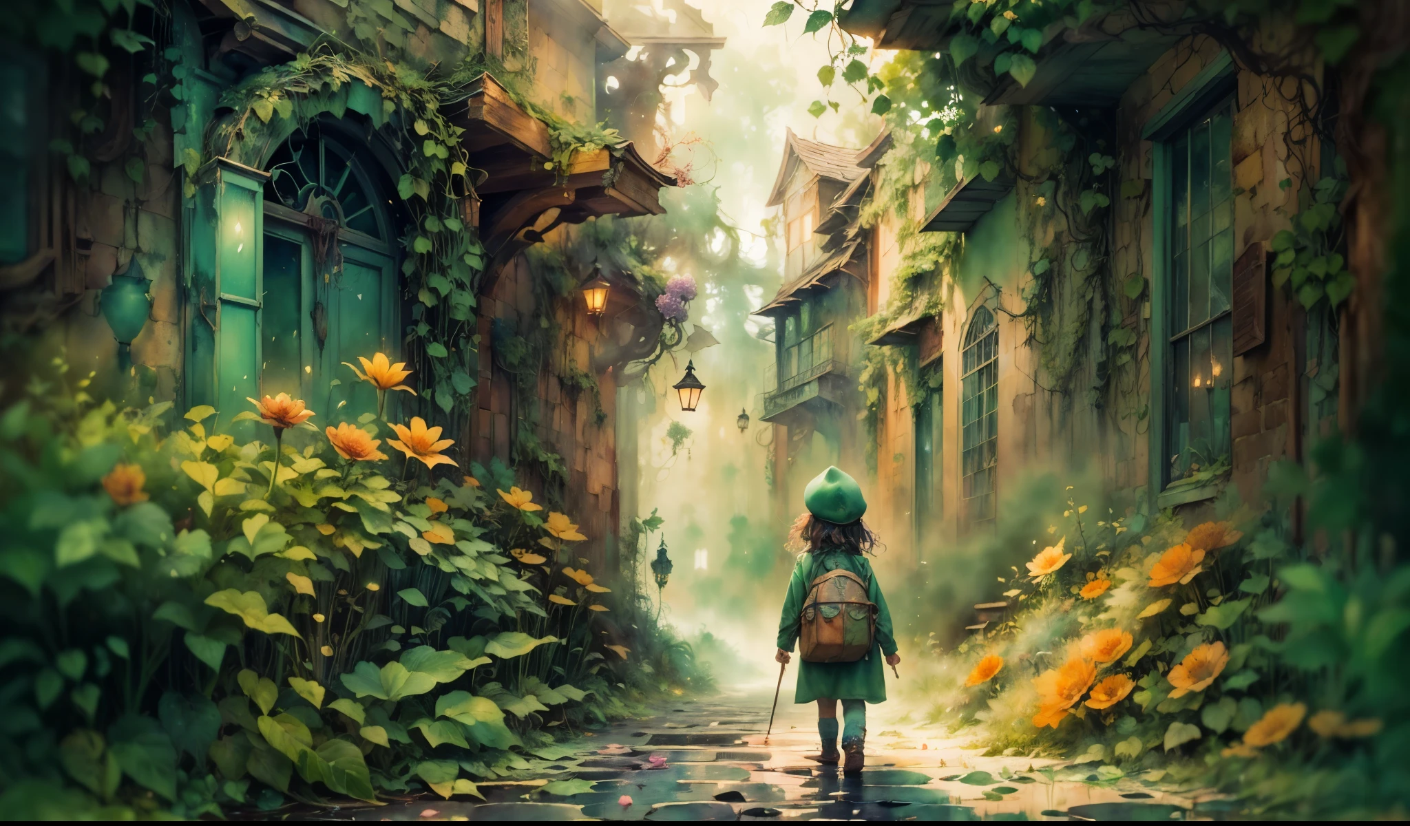 ((watercolor art)),(a tiny) human, (holding firmly) a bunch of flowers, watercolor, dark gritty, street, fantasy, (best quality, 4k, highres, masterpiece:1.2), ultra-detailed, (realistic:1.37), vivid colors, (moody lighting), (magical atmosphere), (cobblestone road), (mysterious shadows), (fantastical architecture), (enchanted surroundings), (whimsical elements), (misty aura), (intricate details), (emotionally expressive face), (unique character design), (lush foliage), (overgrown vines), (ethereal glow), (fallen petals), (contrast between light and dark), (captivating atmosphere), (heartwarming scene), (playful energy), (curiosity and wonder), (texture of the flowers), (impressionistic brushstrokes), (dreamlike charm), (sense of mystery), (gritty urban setting), (imaginative world), (dramatic composition), (expressive lines), (exquisite colors)