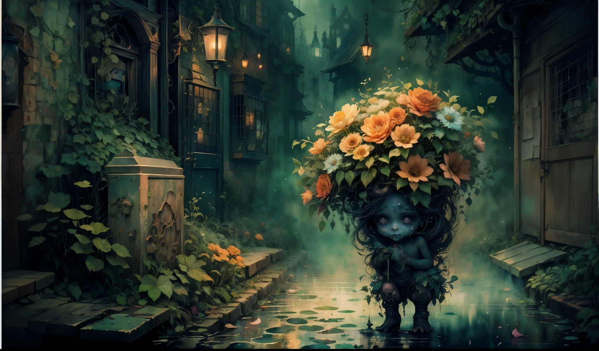 ((watercolor art)),(a tiny) humanoid creature, (holding firmly) a bunch of flowers, watercolor, dark gritty, street, fantasy, (best quality, 4k, highres, masterpiece:1.2), ultra-detailed, (realistic:1.37), vivid colors, (moody lighting), (magical atmosphere), (cobblestone road), (mysterious shadows), (fantastical architecture), (enchanted surroundings), (whimsical elements), (misty aura), (intricate details), (emotionally expressive face), (unique character design), (lush foliage), (overgrown vines), (ethereal glow), (fallen petals), (contrast between light and dark), (captivating atmosphere), (heartwarming scene), (playful energy), (curiosity and wonder), (texture of the flowers), (impressionistic brushstrokes), (dreamlike charm), (sense of mystery), (gritty urban setting), (imaginative world), (dramatic composition), (expressive lines), (exquisite colors)