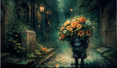 ((watercolor art)),(a tiny) humanoid creature, (holding firmly) a bunch of flowers, watercolor, dark gritty, street, fantasy, (b...