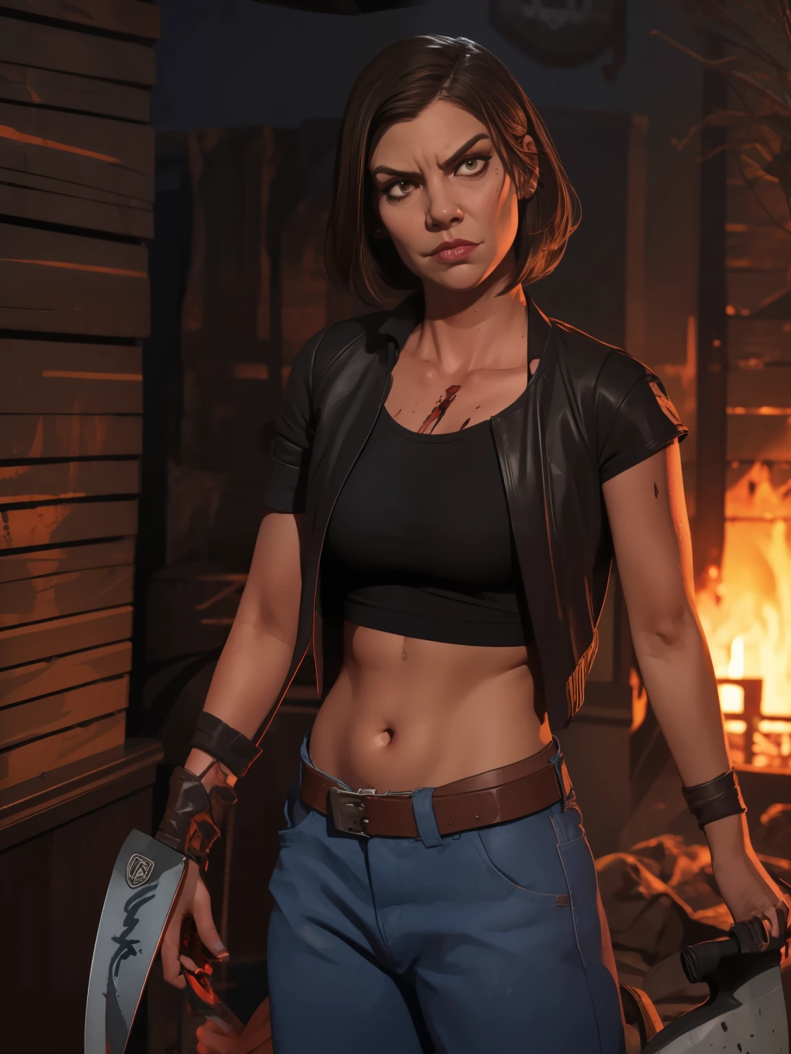 estilo gta + 3D Render, tela de carregamento GTA, arte gta, (((Sozinho))), 1 garota, 1 garota, sozinha, retrato de meio corpo, Retrato de Maggie do TWD, Rosto de Lauren Cohan, (((roupa suja de sangue))), (((angry face))), (((holding knife in hand))), fantasia meggie de The Walking Dead, roupas estilo The Walking Dead, (((noite, noite))) , altamente detalhado, Rosto definido, ((corpo quente, garota gostosa, sensual, sexy))), comic, O estilo dos mortos-vivos. (((a background destroyed city with zumbis, zumbis)), horror, creepy. Hyperrealistic, Unreal engine 5.